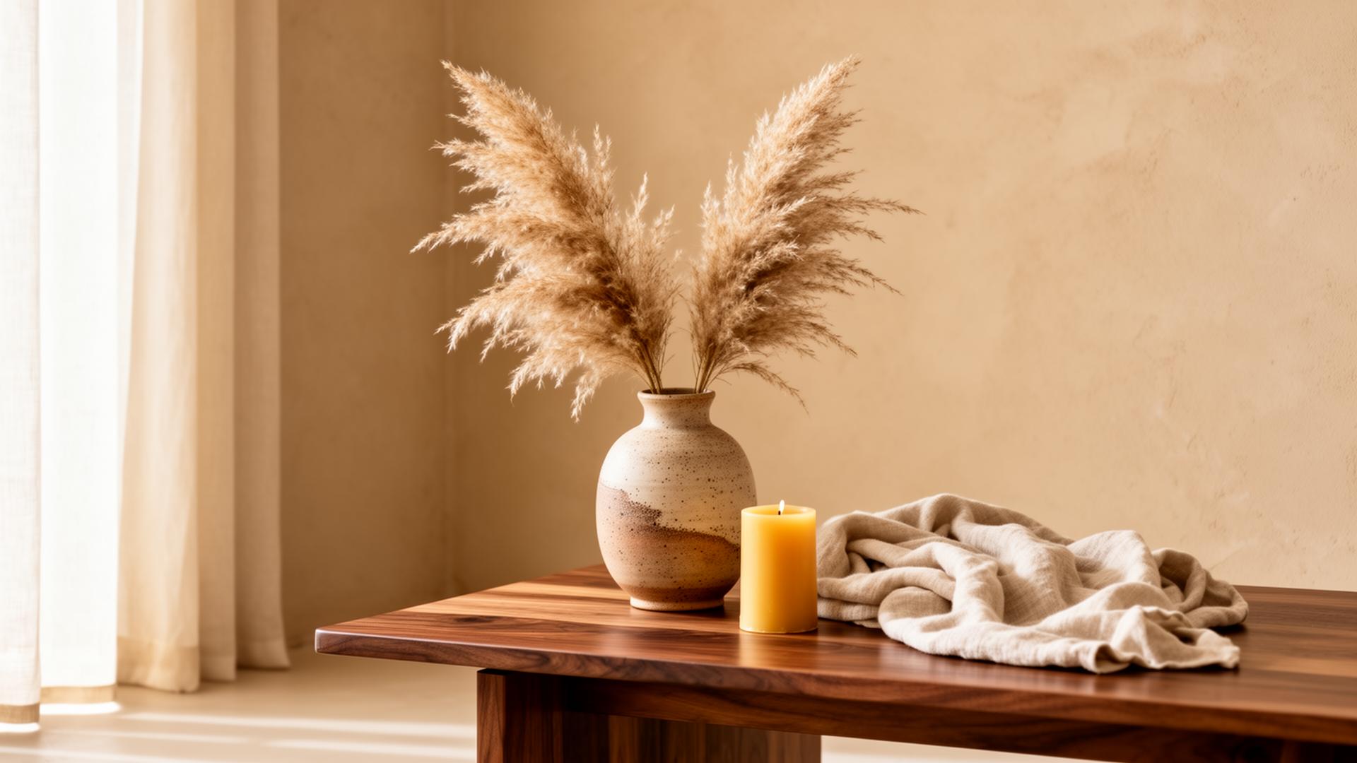 Intérieur minimaliste avec vase en bambou, panier tressé et bougie au soja